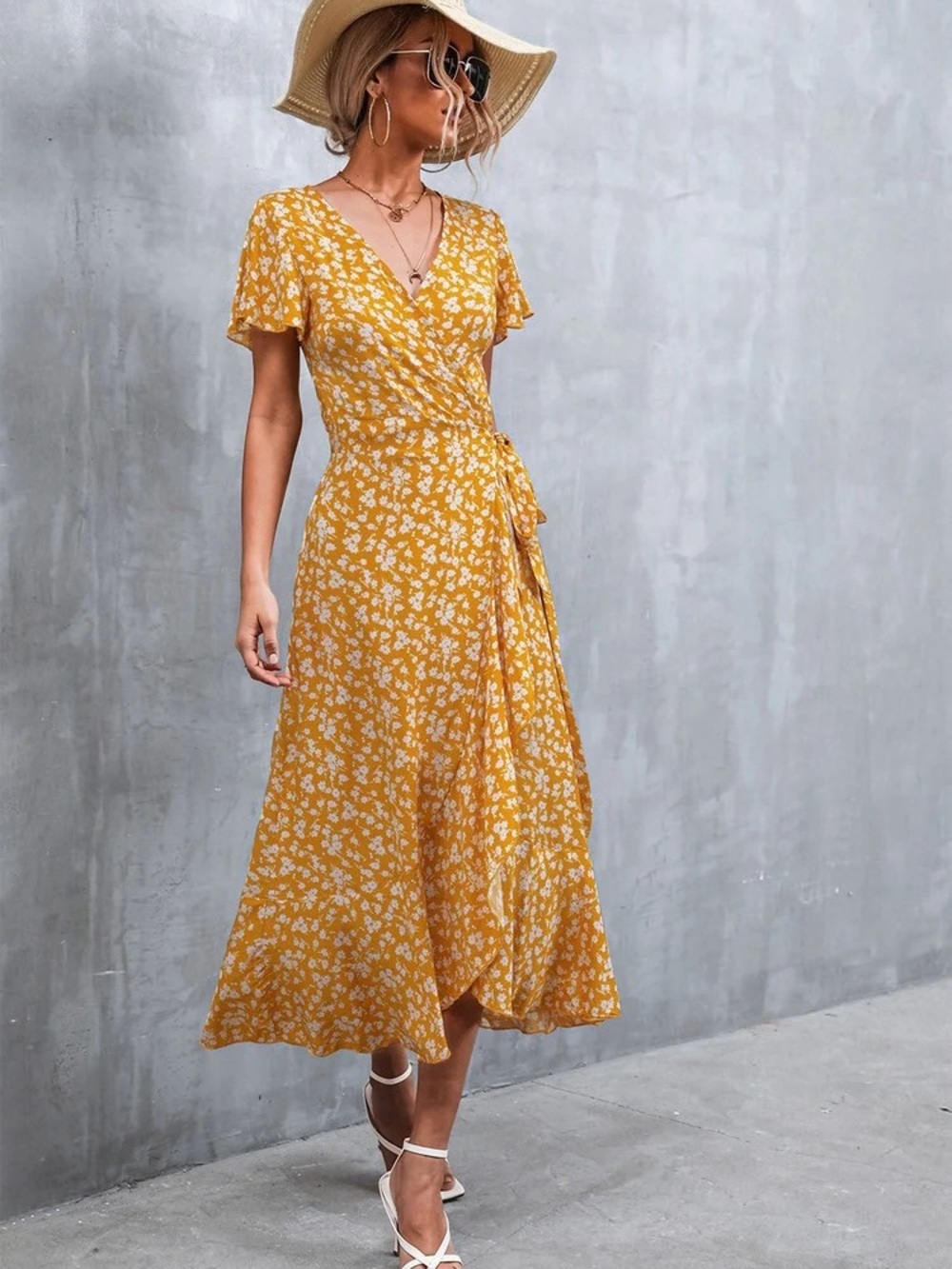 Women’s Yellow Floral Wrap Midi Dress